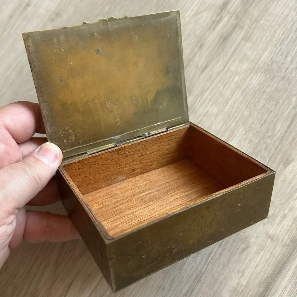 Antique Rich Colorful Hand Painted Ceramic Tile & Brass Wood Lined Trinket Box